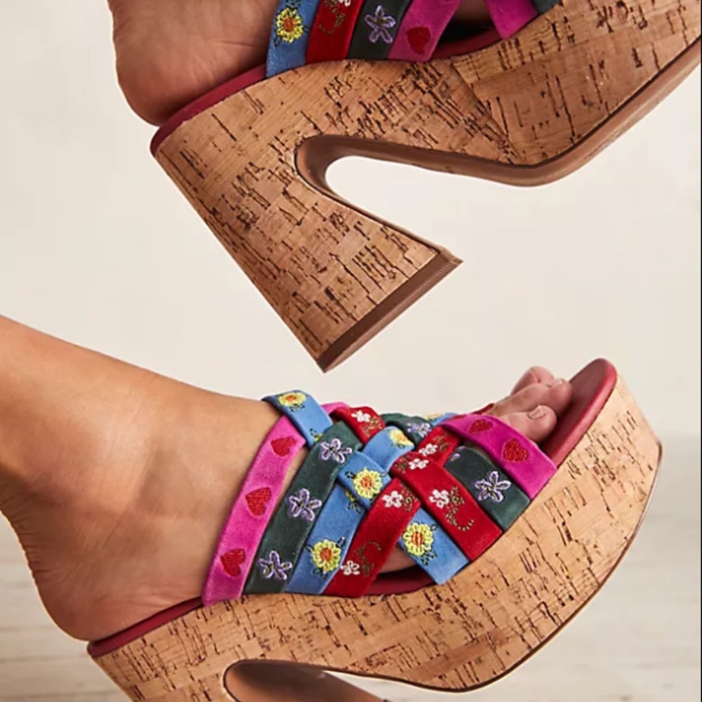 Free People Lisbon Pink Suede Embroidered Platform Sandal - Picture 2 of 4